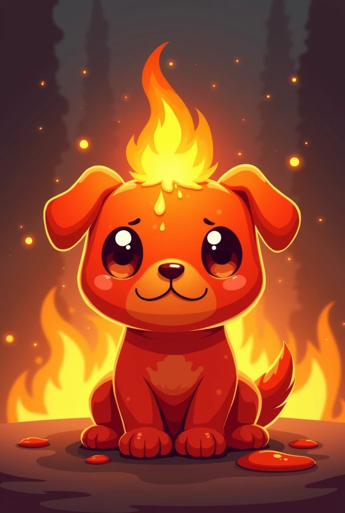 Create a head-only, minimalist, cute chibi-style portrait of 'Pyro,' a fiery dog-like slime character. Pyro should have a reddish-orange body with a molten, lava-like texture. The eyes should be big and round, with a mischievous glint, and the character should have a small flame on top of its head. The slime texture should include drips and a glossy finish, giving it a semi-translucent look. The background should be a blend of fiery tones, with sparks and glowing embers to complement Pyro's fire element