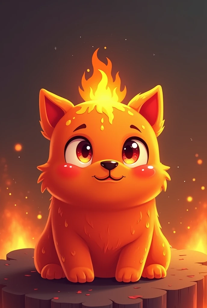 Create a head-only, minimalist, cute chibi-style portrait of 'Pyro,' a fiery dog-like slime character. Pyro should have a reddish-orange body with a molten, lava-like texture. The eyes should be big and round, with a mischievous glint, and the character should have a small flame on top of its head. The slime texture should include drips and a glossy finish, giving it a semi-translucent look. The background should be a blend of fiery tones, with sparks and glowing embers to complement Pyro's fire element