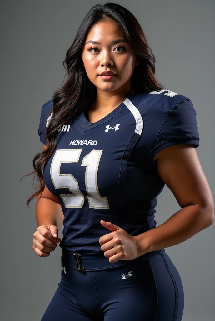 A photo of Tina Nguyen, a Tight End for the female Howard Bison football team. Number 51. Curvy as hell. Uniforms are navy with grey numbers and white trim