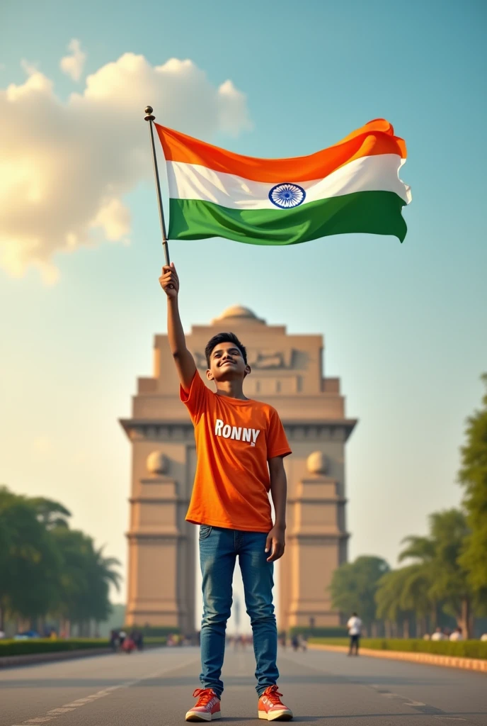 A real 20 years old boy, Wearing Orange T shirt blue jeans sneakers and the name "Ronny" is written on his t-shirt and the boy is standing on the road with holding a national flag of India, and behind him is the India gate Delhi. And "Happy Independence Day 2024" written at above sky Create Realistic image high quality.