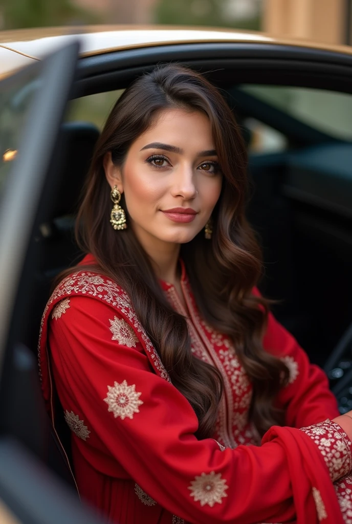 a wanna a realistic picture of human girl who is exact replica of ayeza khan  having dimples and fair skin wearing eastern red  shalwaar qamees with scarf  sitting in a lamberghini 