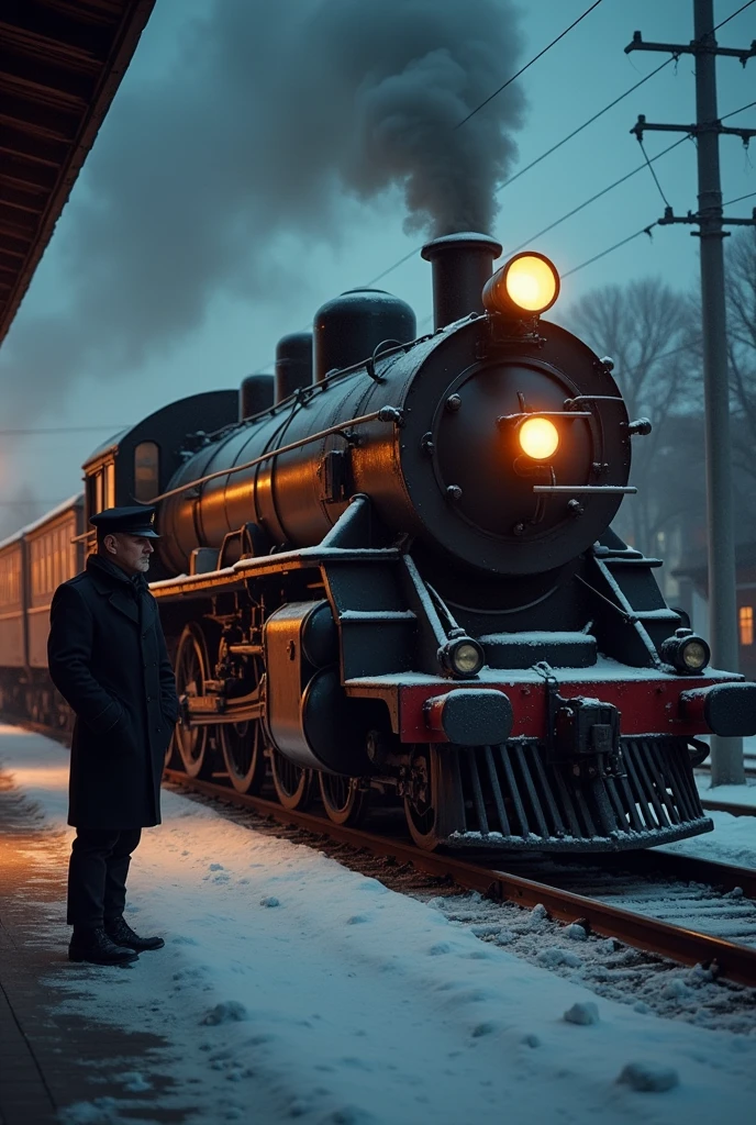 masterpiece, best quality,Soviet man，Train driver，Steam locomotive，World War II，TRAIN STATION，About to travel，dimly lit scene，Dim Lights，Snow