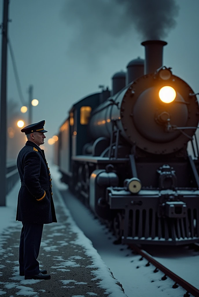 masterpiece, best quality,Soviet man,Train driver,Steam locomotive,World War II,TRAIN STATION,About to travel,dimly lit scene,Dim Lights,Snow