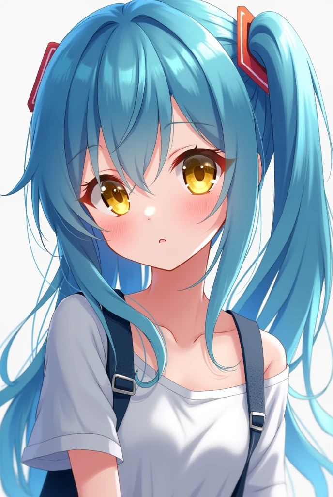 Girl with blue hair and yellow eyes, wear casual clothes. anime style.