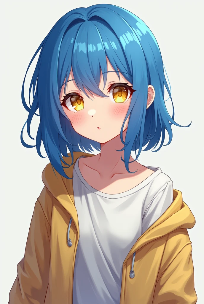 Girl with blue hair and yellow eyes, wear casual clothes. anime style.
