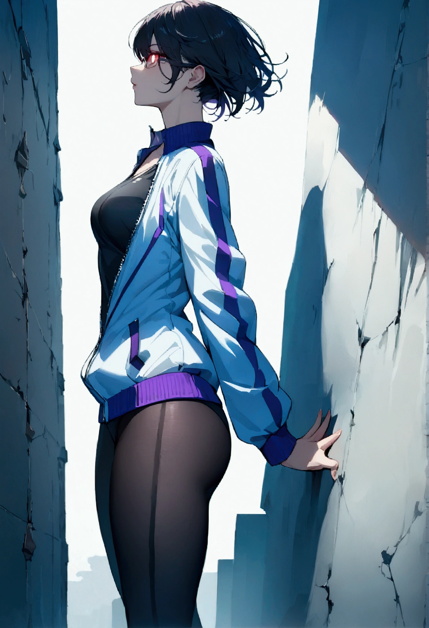 standing,alone,leaning against a broken wall,short hair,work of art,face detailed,beautiful young fitness woman with , in a gym wearing May with black pantyhose, white and purple tight short gym jacket. standing alone,red eyes glowing,Evil smile,legging preto ,labiaa,dark eye shadow,shining eyes,a hand leaning against the wall,neckleace,jacket zipper half open,Tight black shirt,white sports tennis shoes,short hair with purple details,beautiful curves,whole body,hair with purple details,labiaa,detailed face and eyes,work of art,sexy look,pefil from sideways,from sideways,wind in your hair,fully body,glasses on eyes
