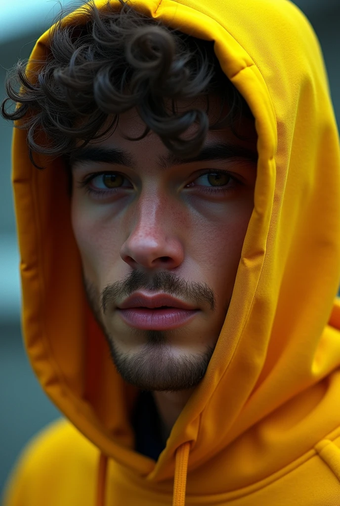A man wearing yellow hoodie