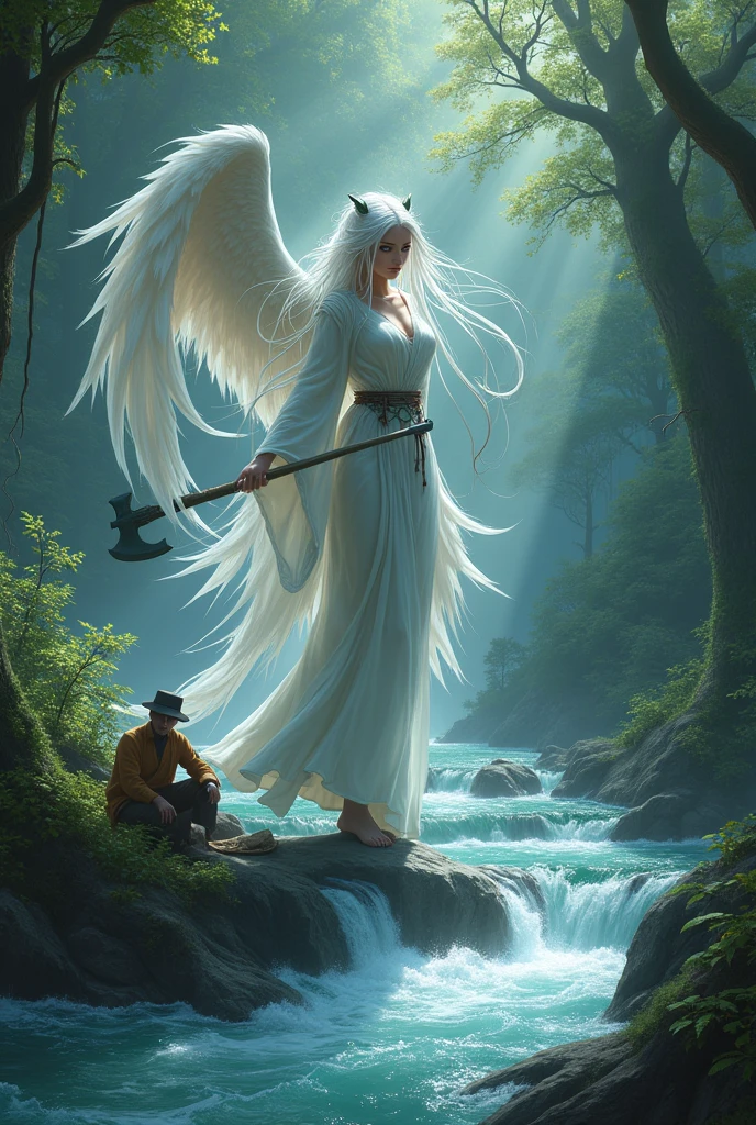 Water angel with traditional clothes and with silver axe in her hands above the river and woodcutter on the bank of the river