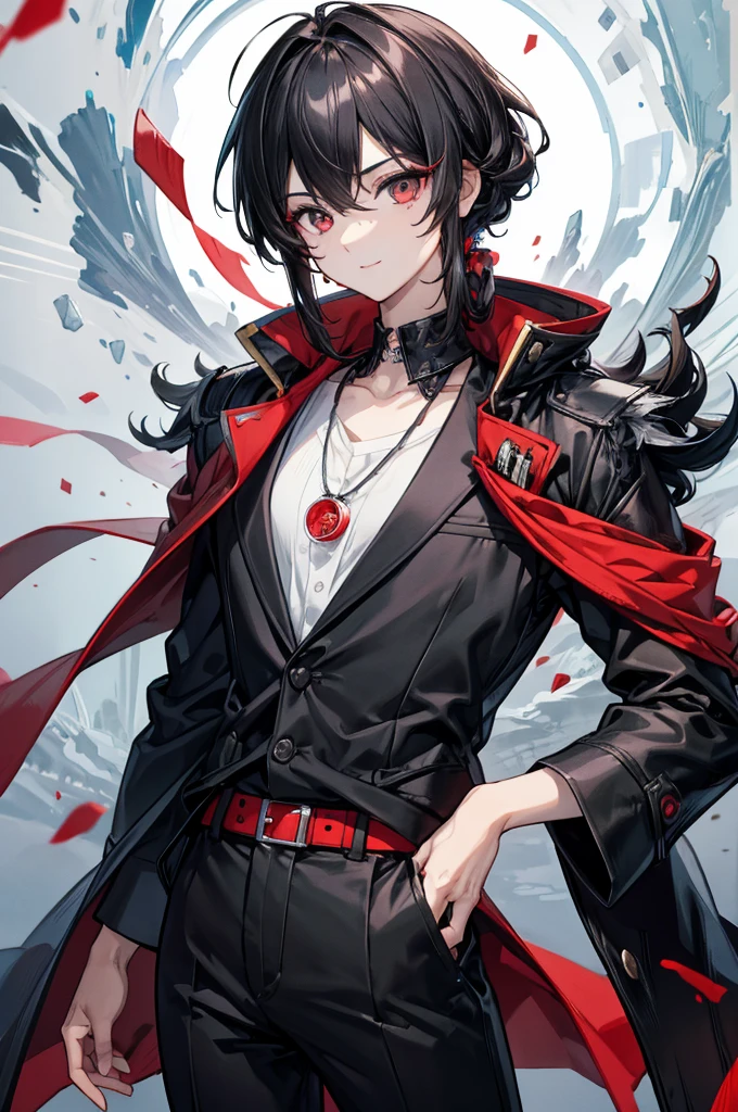 Highest quality, 16K, masterpiece :1.3 Ultra-high resolution No abnormalities in detail Detailed face Male neutral cool Small stature Black hair that reaches down to the eyes Black and red odd eyes Detailed Eyes Wearing a doctor's lab coat Black shirt A red jewel necklace around the neck Looking at me A relaxed smile Detailed face No background Burning sleeves of a white coat Soft Eyes Cool vibe Black trousers Tree Eyes Occupation: Doctor whole body low length
