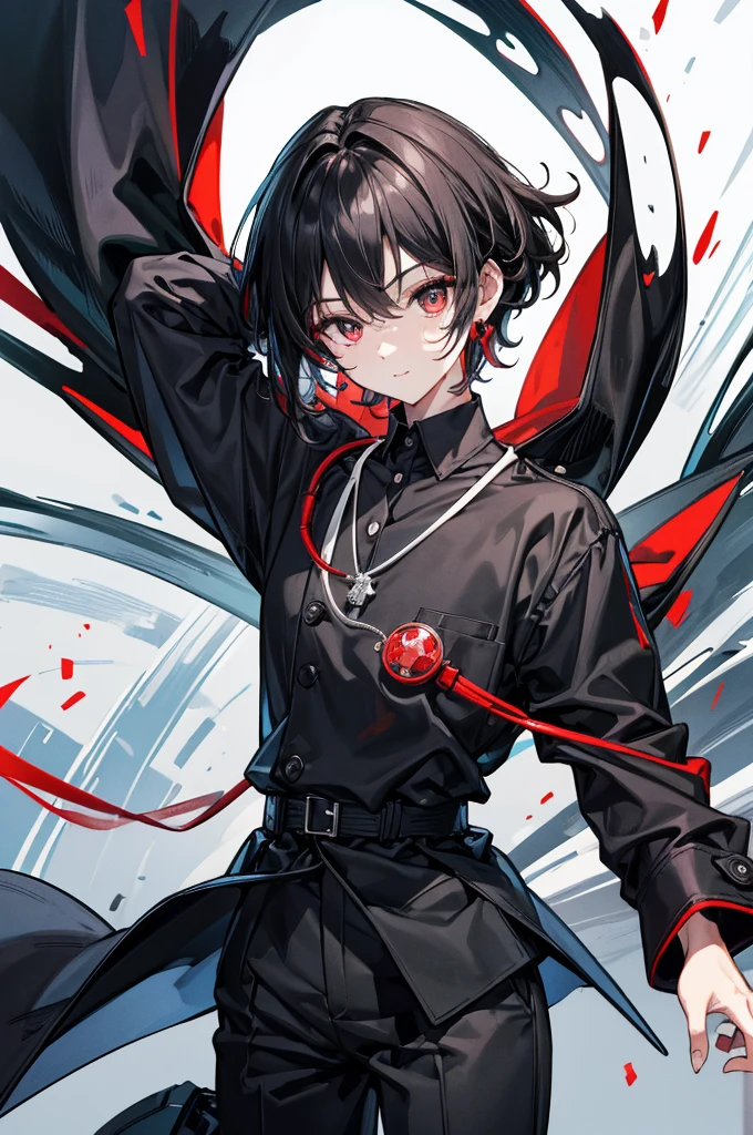Highest quality, 16K, masterpiece :1.3 Ultra-high resolution No abnormalities in detail Detailed face Male neutral cool Small stature Black hair that reaches down to the eyes Black and red odd eyes Detailed Eyes Wearing a doctor's lab coat Black shirt A red jewel necklace around the neck Looking at me A relaxed smile Detailed face No background Burning sleeves of a white coat Soft Eyes Cool vibe Black trousers Tree Eyes Occupation: Doctor whole body low length