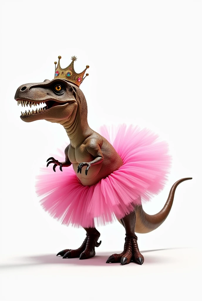 T rex with pink tutu and crown on white background, side view 
