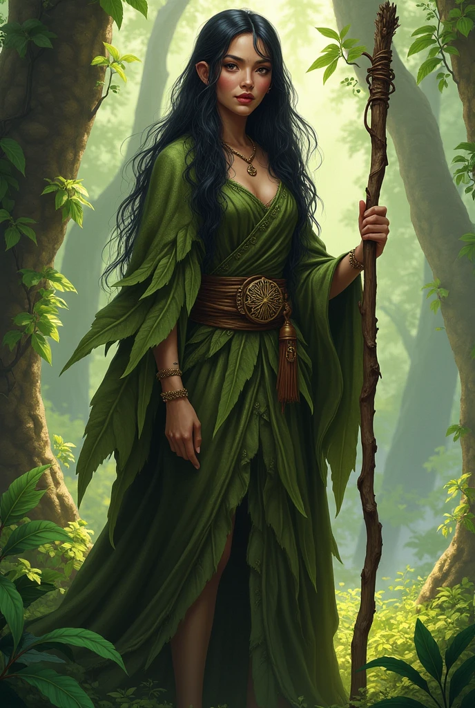 Create a dubgeons and dragons character image of a middle aged female tribal elve mage with small lips, long black hair in a brown and  green robe made of leafs holding a wooden staff  in a forest