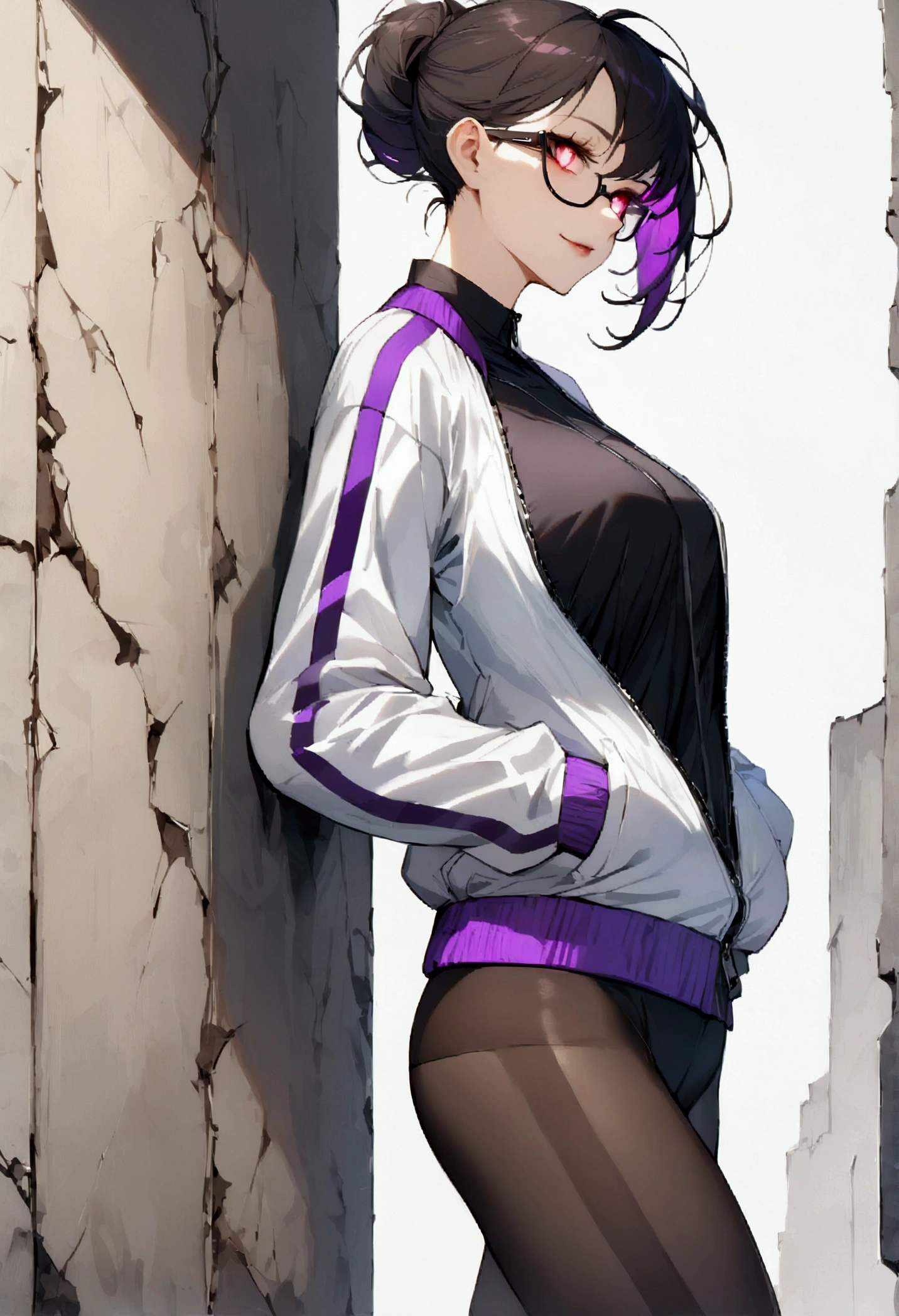 standing,alone,leaning against a broken wall,short hair,work of art,face detailed,beautiful young fitness woman with , in a gym wearing May with black pantyhose, white and purple tight short gym jacket. standing alone,red eyes glowing,Evil smile,legging preto ,labiaa,dark eye shadow,shining eyes,a hand leaning against the wall,neckleace,jacket zipper half open,Tight black shirt,white sports tennis shoes,short hair with purple details,beautiful curves,whole body,hair with purple details,labiaa,detailed face and eyes,work of art,sexy look,pefil from sideways,from sideways,wind in your hair,fully body,glasses on eyes