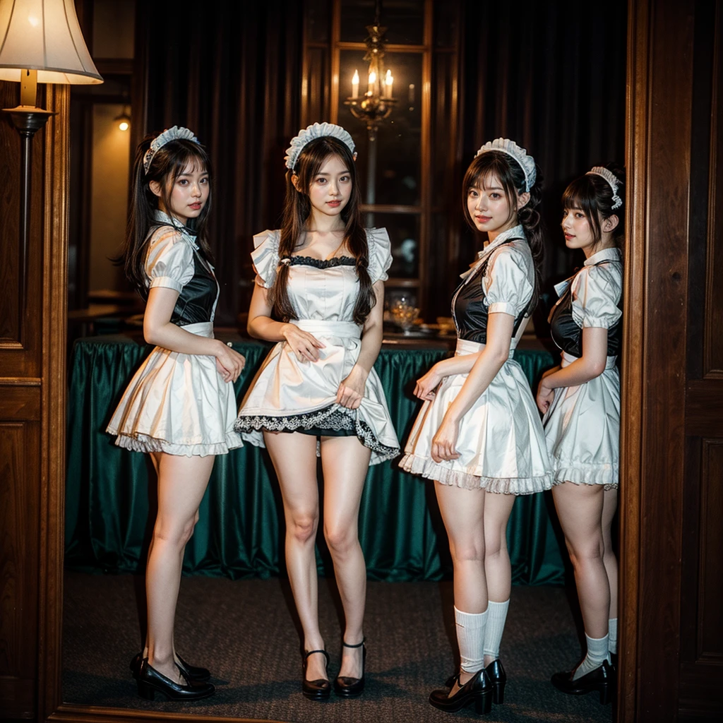 (Full Body of Extremely Detailed((Kawaii Maid Group in a row:1.37))), Childish perfect face, Reflective Eyes, Detailed(Delicate Clothing textures), Dynamic Joyful Expressions LifeLike Rendering, Specular Reflection, TopQuality 8K Ultra-detailed masterpiece (ProfessionalPhoto:1.37), (Acutance:0.8), (Luminism:1.28), (Renaissance art style), Colorful Light particles, ((Full body from side)), {MicroMini(SkirtLift)|Kissing|Breast Lifting|Undressing}, Radiant Fine Skin with Transparency, (Exposed:0.5), (Different types of Anime hair color), Perfect Lighting 