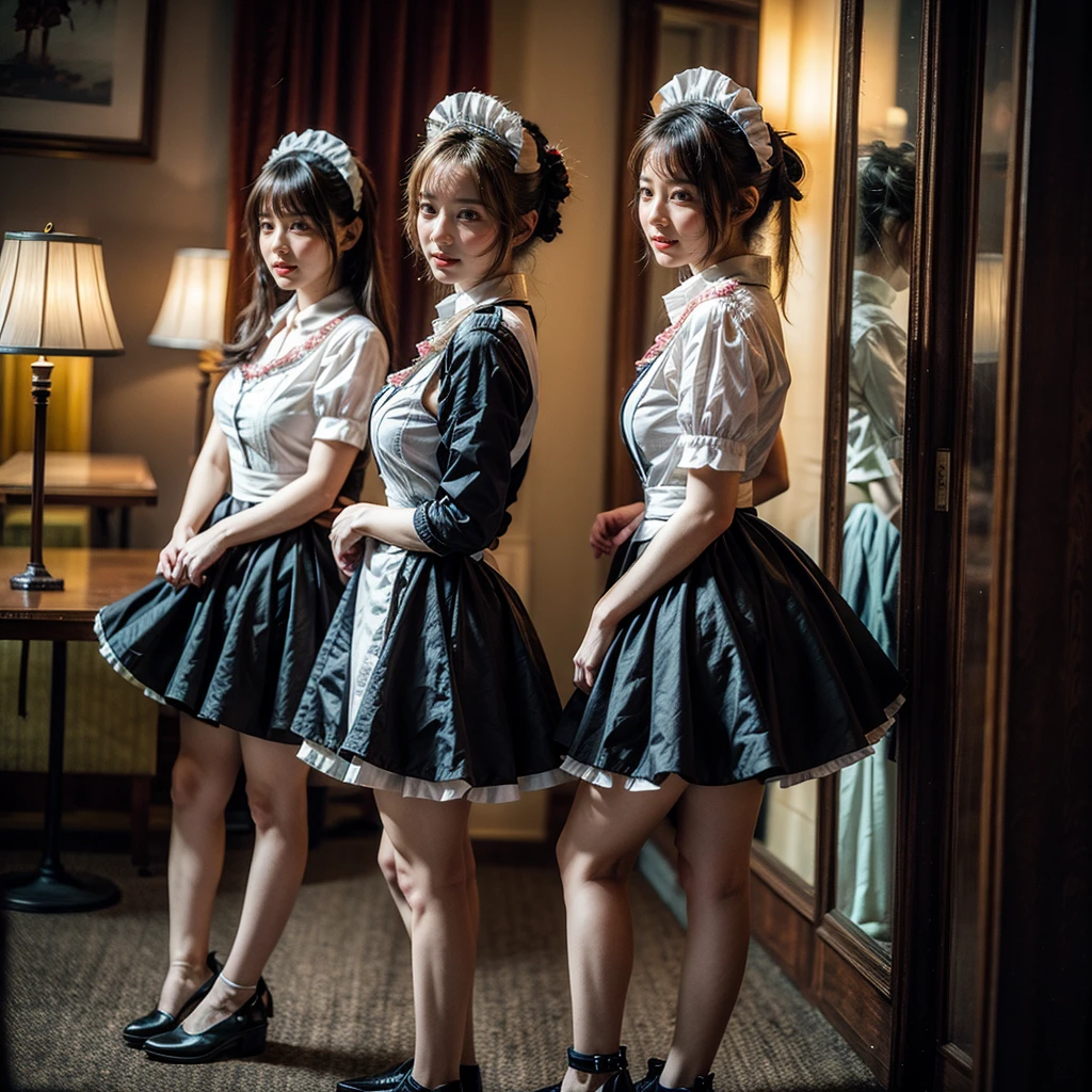 (Extremely Detailed((Kawaii Maid Group in a row:1.37))), Childish perfect face, Reflective Eyes, Detailed(Delicate Clothing textures), Dynamic Joyful Expressions LifeLike Rendering, (Specular Reflection:1.2), TopQuality 8K Ultra-detailed masterpiece (ProfessionalPhoto:1.37), (Acutance:0.8), (Luminism:1.28), (Renaissance art style), (Light particles:0.75), (Muscle:-0.5), ((Full body from side)), SkirtLift (Show white panties), glossy floor, Radiant Pearl Skin with Transparency