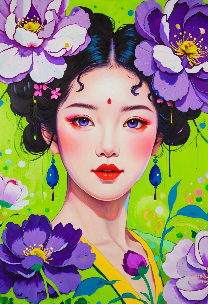 A painting:(((Colorful black,Chalk painting,Oil stick painting,Volume,Thick coating,Uneven texture,Plaster texture,Graffiti)))。Colorful black,Portrait of a beautiful girl under a peony flower, Bright colors, Purple和, cute的, Bright colors,cute, Lavender Color and Color Schemes, 和Purple的配色方案, Beautiful Art, Purple, Whimsical Art, 和Purple色调, Lime and Violet, Close together,, spring, Inspired by Tomokazu Matsuyama, Delightful