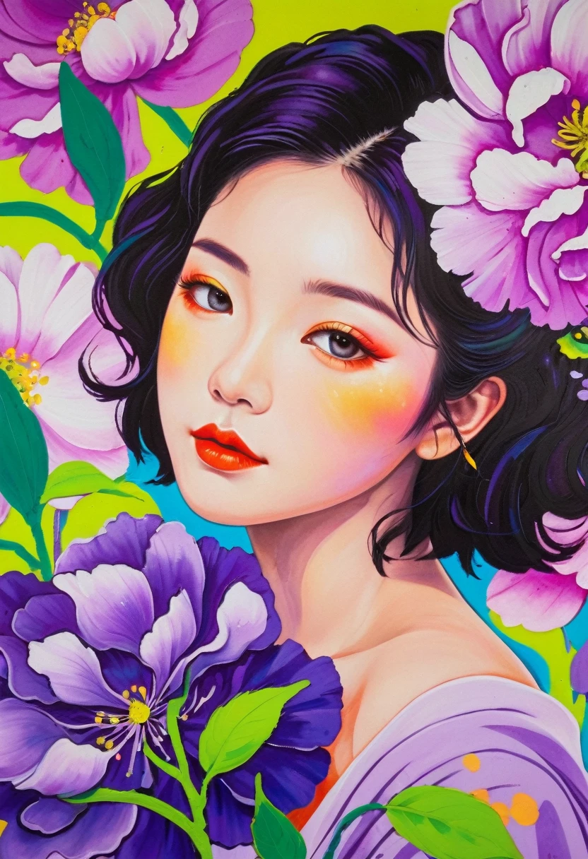 A painting：(((Colorful black，Chalk painting，Oil stick painting，Volume，Thick coating，Uneven texture，Plaster texture，Graffiti)))。Colorful black，Portrait of a beautiful girl under a peony flower， Bright colors, Purple和, cute的, Bright colors，cute, Lavender Color and Color Schemes, 和Purple的配色方案,  Beautiful Art,  Purple, Whimsical Art, 和Purple色调, Lime and Violet, Close together,, spring, Inspired by Tomokazu Matsuyama, Delightful