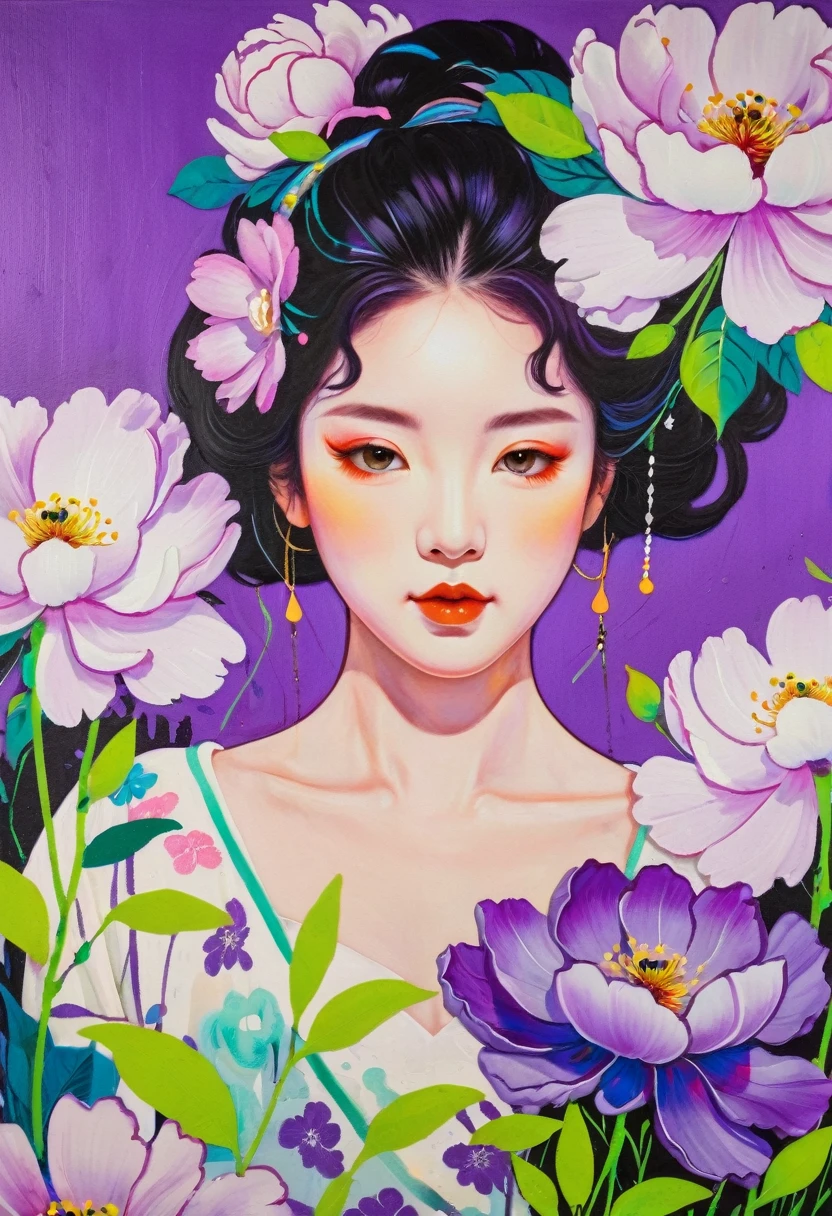 A painting：(((Colorful black，Chalk painting，Oil stick painting，Volume，Thick coating，Uneven texture，Plaster texture，Graffiti)))。Colorful black，Portrait of a beautiful girl under a peony flower， Bright colors, Purple和, cute的, Bright colors，cute, Lavender Color and Color Schemes, 和Purple的配色方案,  Beautiful Art,  Purple, Whimsical Art, 和Purple色调, Lime and Violet, Close together,, spring, Inspired by Tomokazu Matsuyama, Delightful