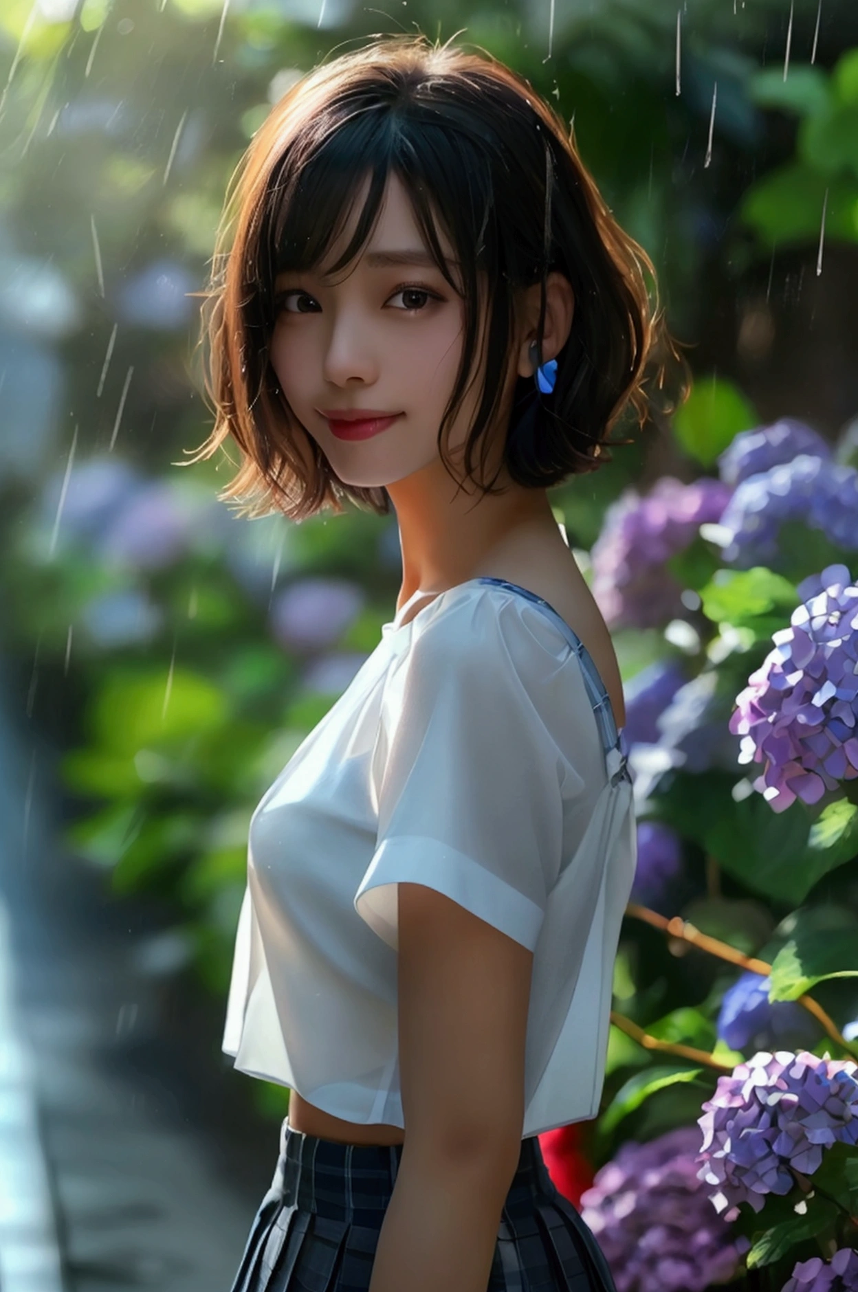 (8k, Photorealistic, Raw photo, Highest quality: 1.4),Japanese idol-style beautiful girl,1 person,,(Short Bob),(Black),She has her hair tucked behind her ears,Clear grey eyes,Long eyelashes,(piercings(small)),(Lip gloss),lips(Plump,glossy),Skin that is as white and smooth as translucent porcelain,Thin and delicate shoulders,thin abdomen,(blouse(White,Short sleeve)),(Pleated skirt(Plaid)),(socks(Dark blue)),(loafers),summer,On the way home from school,it&#39;s raining,She is holding a red umbrella,She is standing in front of many hydrangeas.,(Smiling at the camera),(Front view: 1.2),(Full body portrait: 1.4))