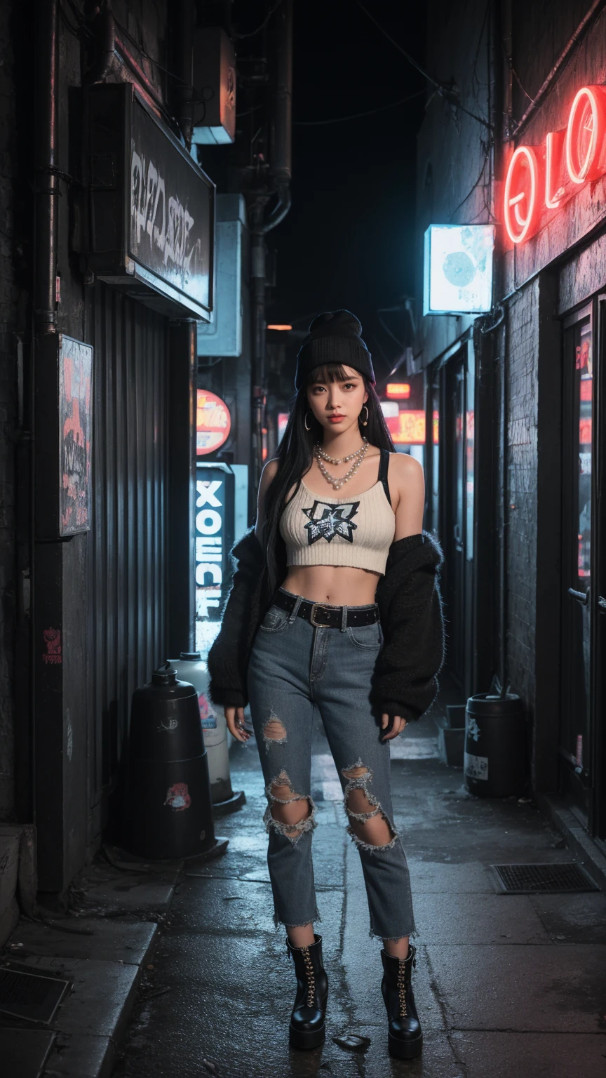 A girl posing in a grungy, neon-lit urban alleyway. Black hair with bangs, The girls wear edgy streetwear, wide leg jeans, fur boots, beanie blaster, and sleeveless crop top vintage, pearls and stars necklace, eyelet belt, half finger gloves, fhdhsh, long sleeves crochet sweater, The alleyway is dark and atmospheric, with graffiti-covered walls and glowing neon signs, grungy aesthetic, high angle, night