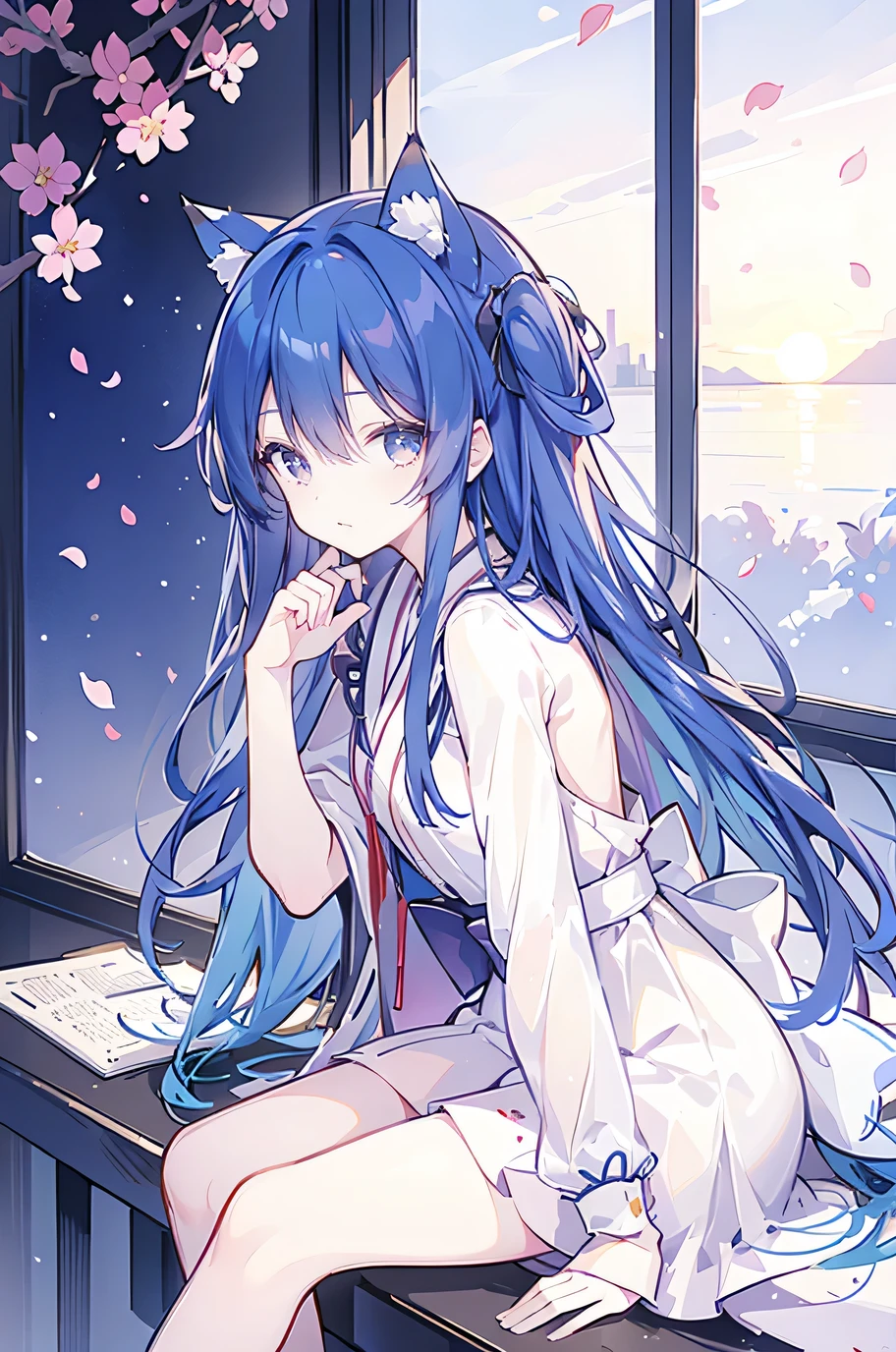 (masterpiece:1.2),Super detailed,lifelike,Expressive eyes,fair skin,perfect face shape,1 girl,
Japanese comics,Gorgeous blue hair,flowing blue hair,flowing clothes,Cat ears,Petals fall,beautiful lola,Baby Angel,
Shaking head with one hand,Cross your legs,,The pavilion is cool and comfortable,smile,back views,sunrise,Petals fall,sunrise,sitting on window sill drinking coffee and looking out the window。