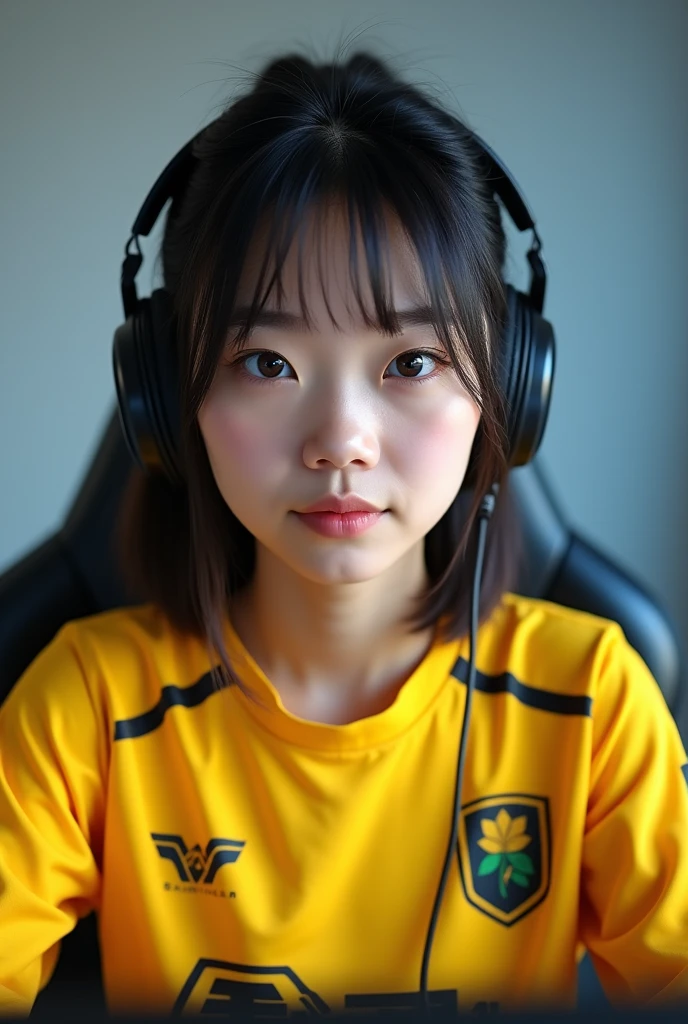 Asian girl with yellow esport shirt, front view post, wide