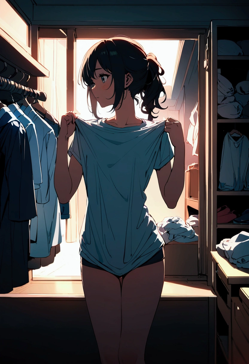 A high school girl changing clothes in the dressing room.、Taking off his T-shirt