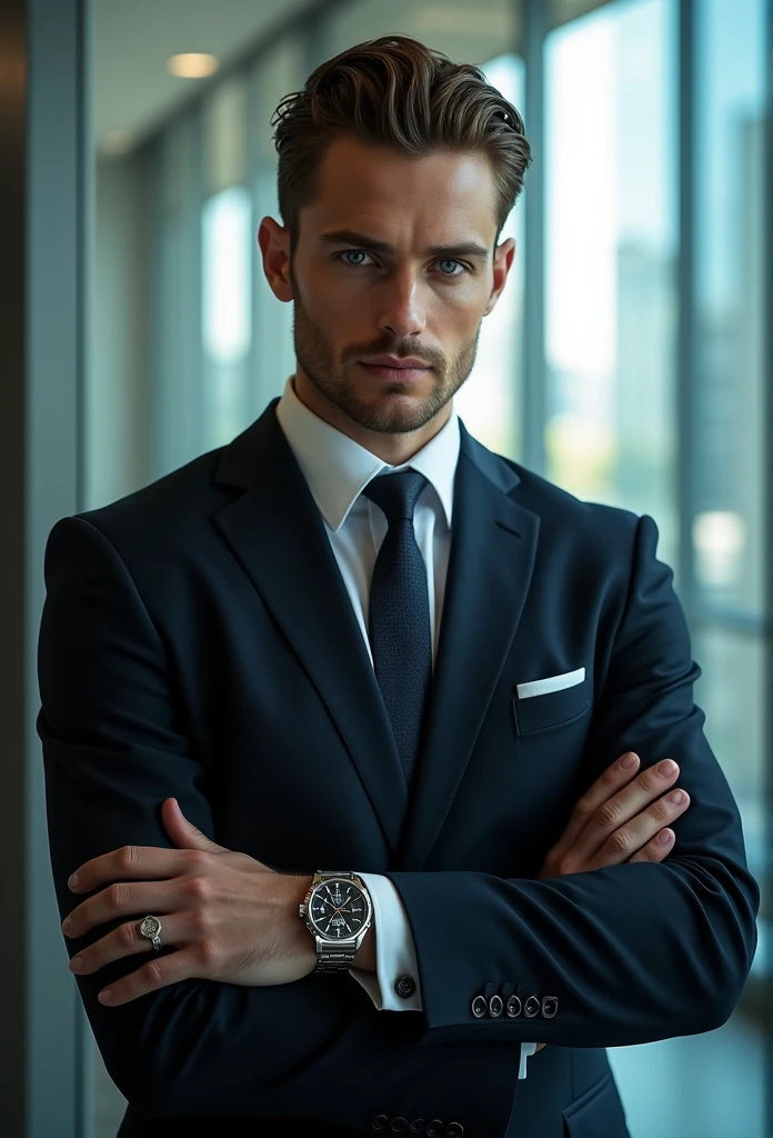 Retrato de um homem bonito, Office Suite, Nice building background. Semelhante aao ator jensen ackles, using expensive watch,