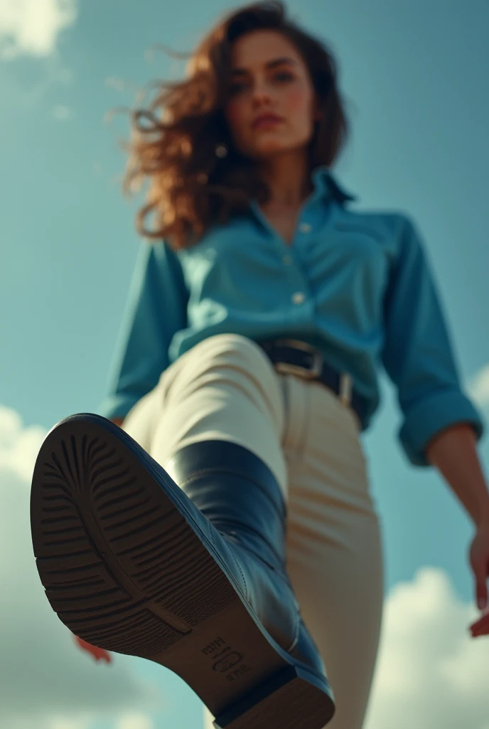 a pretty woman, 42 years old, Brown hair, pretty face, blue shirt, light tights, black leather ankle boots, giantess, POV shot, lifts her right foot, Boot sole, FULL BODY shot