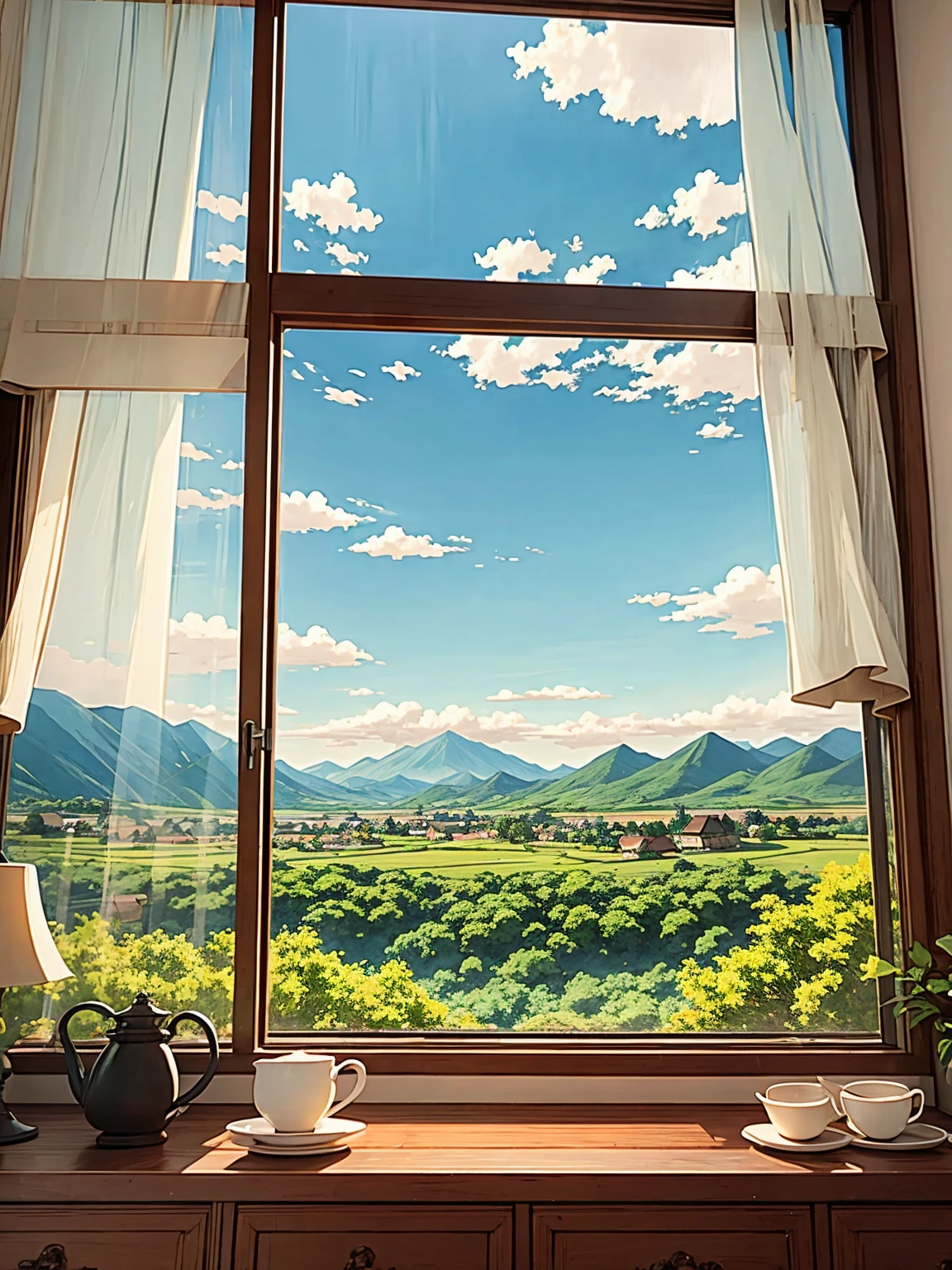 landscape, view from the window, anime style, countryside, with mountains and clouds in the background.  