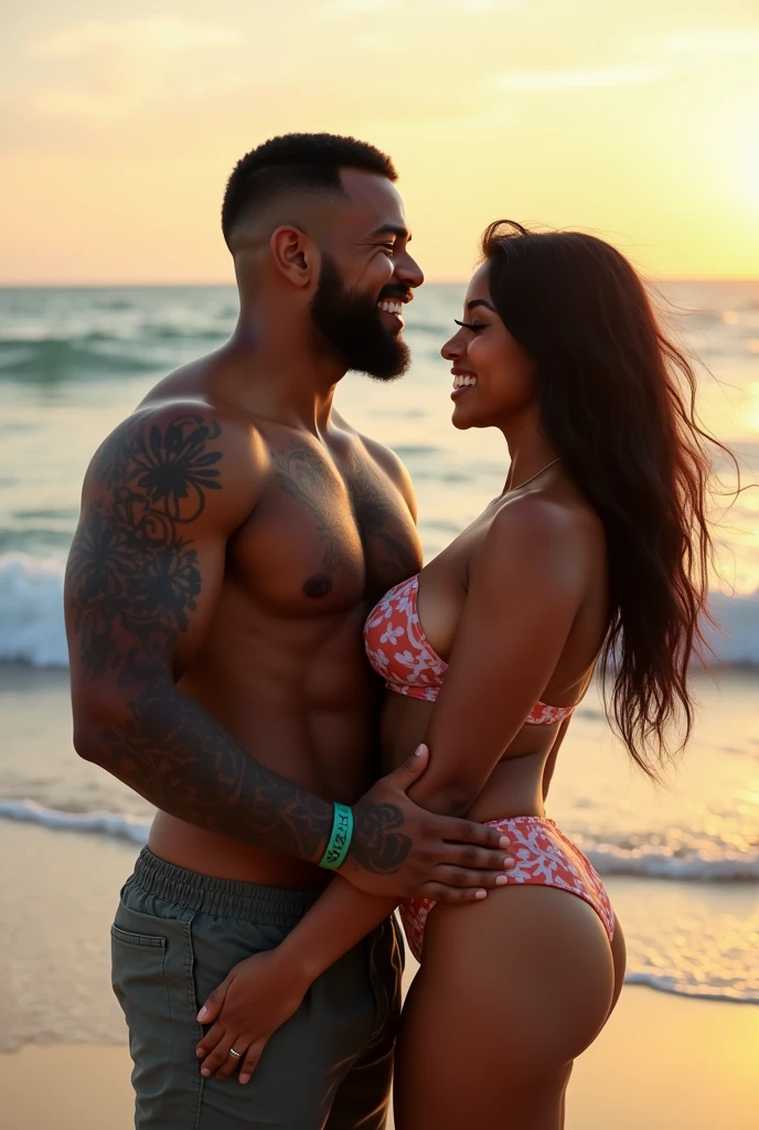 Loving couple in a photo smiling on the beach. He is a strong, dark-skinned, tattooed man, short hair and no beard. She is black with straight black hair, in spicy pose