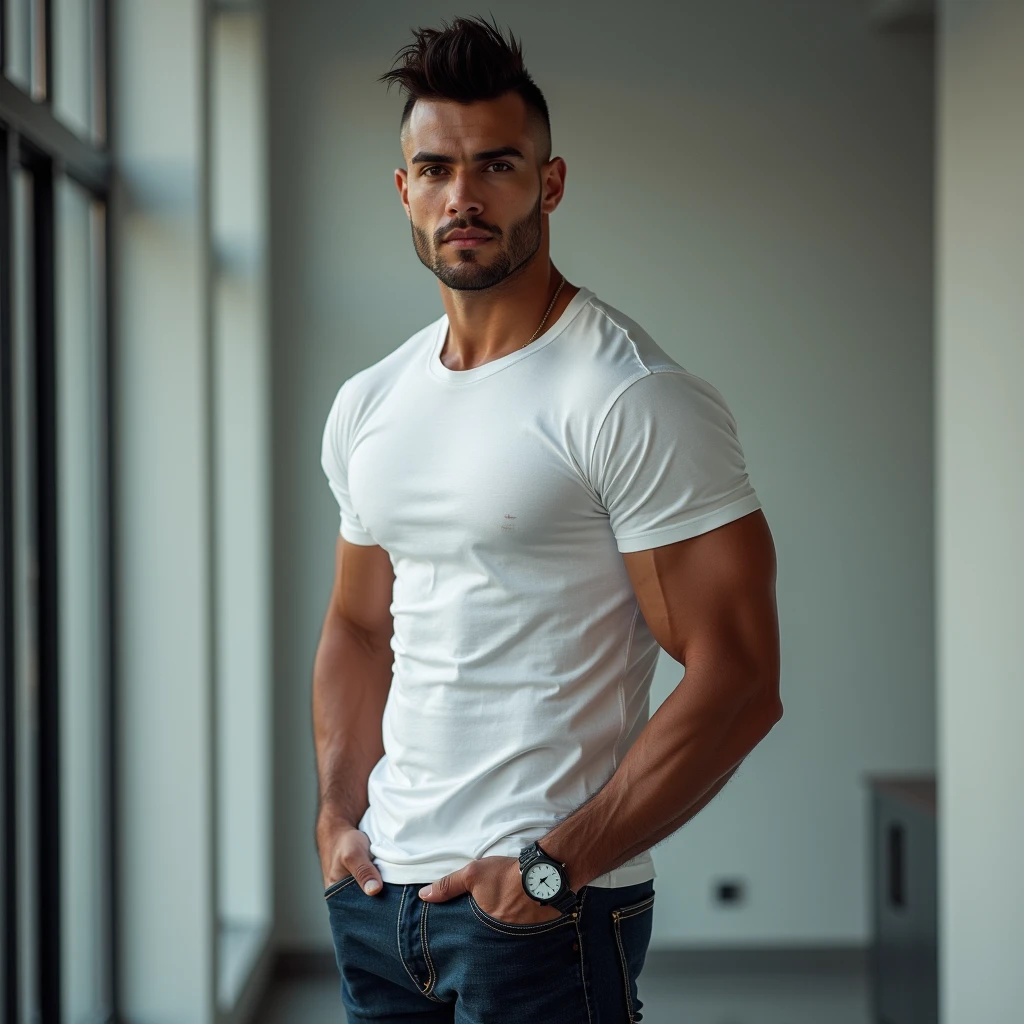 generate a master photograph describing a shapely Man, well-lit portrait of a muscular, stylish male fitness model standing confidently against a minimalistic, modern background, (8K, best quality), smile, brown hair, black hair, (hard chest, six pack, v cut), half body, he is smiling slightly, wearing a fitted, plain white t-shirt and casual jeans, with a watch on his wrist, the overall vibe is approachable and professional, (He has sexy buttocks, Most sexy booty, Most sexy glutes), Manly, Mancore, (He has fit hips, sexy hips, sexy fit hips, extremely sexy hips), (asian skin, glistening skin, beautiful complexion), shot on Fujifilm superia, (Studio soft light, high detail, cinematic lighting, rim lighting), Style: (hyperrealistic, by DynastySeries FashionNova, photo, {{{masterpiece photography}}}, analog photograph, professional fashion photoshoot, trending on artstation, synthwave, krrrsty), Quality: (photographed, masterpiece, highest resolution), Definition: (highres, sharp focus, 8k uhd, ultra photo-realistic resolution), Film: (80 mm, shot on portra 120, shot on Fujifilm), Resolution: (extremely detailed, (sharp focus:1.5), cinematic lighting, dramatic lighting, ultra photo-realistic), luxury: mohawk hairstyle    
