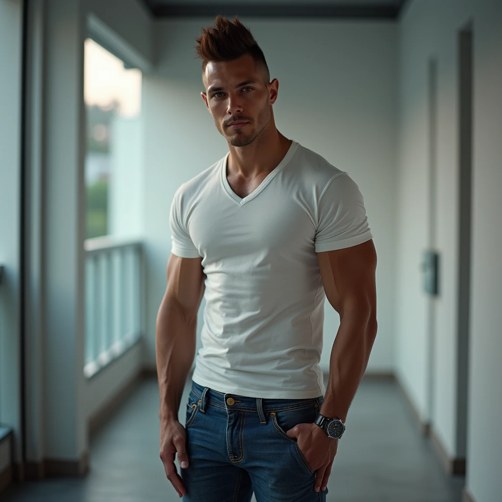 generate a master photograph describing a shapely Man, well-lit portrait of a muscular, stylish male fitness model standing confidently against a minimalistic, modern background, (8K, best quality), smile, brown hair, black hair, (hard ?????, six pack, v cut), half body, he is smiling slightly, wearing a fitted, plain white t-shirt and casual jeans, with a watch on his wrist, the overall vibe is approachable and professional, (He has ???? ????????, Most ???? booty, Most ???? glutes), Manly, Mancore, (He has fit ????, ???? ????, ???? fit ????, extremely ???? ????), (asian skin, glistening skin, beautiful complexion), shot on Fujifilm superia, (Studio soft light, high detail, cinematic lighting, rim lighting), Style: (hyperrealistic, by DynastySeries FashionNova, photo, {{{masterpiece photography}}}, analog photograph, professional fashion photoshoot, trending on artstation, synthwave, krrrsty), Quality: (photographed, masterpiece, highest resolution), Definition: (highres, sharp focus, 8k uhd, ultra photo-realistic resolution), Film: (80 mm, shot on portra 120, shot on Fujifilm), Resolution: (extremely detailed, (sharp focus:1.5), cinematic lighting, dramatic lighting, ultra photo-realistic), luxury: mohawk hairstyle    
