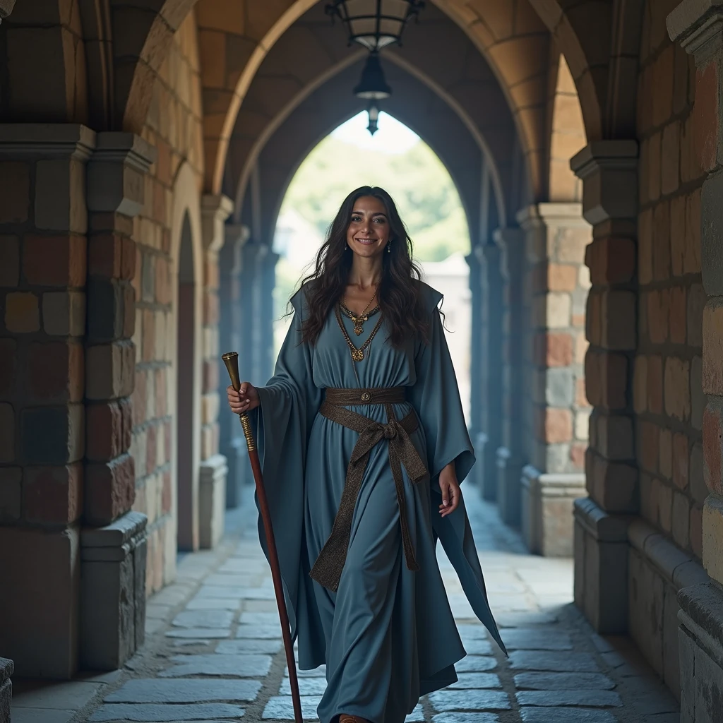 stunning photography of smiling pretty peruvian mage woman wearing magic grey-blue robe going down the corridor of magic castle. brightly day