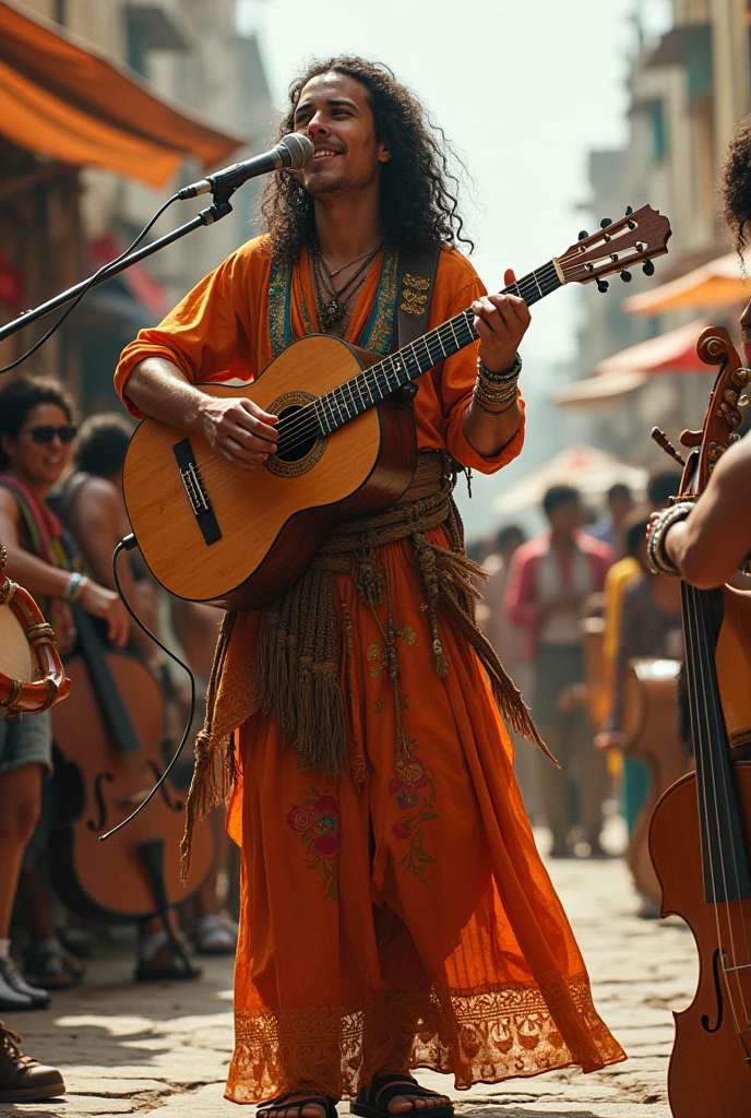Man playing tambourine, bamboo flute, Trumpet, drumkit, keyboard, guitar, percussion.