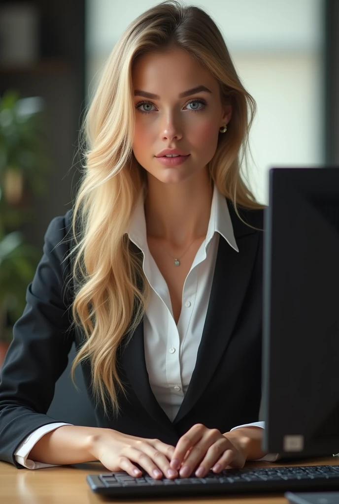 a beautiful girl with long blonde hair, detailled eyes, nose, and lips, wear a professional outfit, Sitting in your office, with your computer, hp computer (best quality,4K,8k,highres,​masterpiece:1.2),Ultra-detail,(realisti,photorealisti,photo-realisti:1.37),HDR,Extremely detailed face and body, portrait,Warm lighting,warm colors, close up, front view