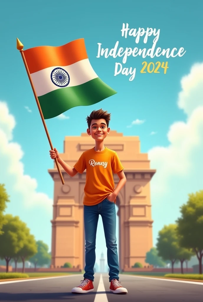 A real 24 years old boy, Wearing Orange T shirt blue jeans sneakers and the name "Ronny" is written on his t-shirt and the boy is standing on the road with holding a national flag of India, and behind him is the India gate Delhi. And "Happy Independence Day 2024" written at above sky Create Realistic image high quality.