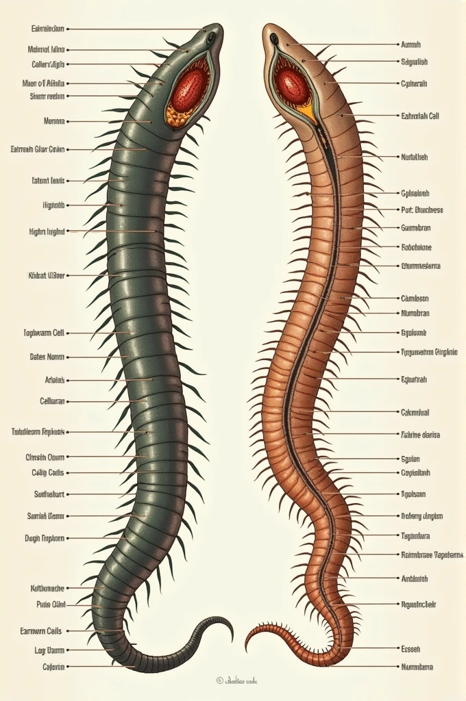 Show a labelled diagram of a earthworm and tapeworm cell