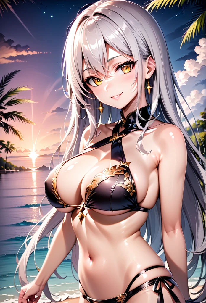 1 girl, golden ship \(Uma Musume\), Uma Musume, silver hair, (safe:1.5), (masterpiece:1.2),(Best Quality:1.2),The newest one, generated by AI, intricate details, (pixiv:1.3), (bishoujo:1.2), beautiful face, Perfect skin, very complex face, Extremely detailed CG unity 8k wallpaper, (Generated AI), (Realism), art station hd, slim figure, particle effects, busty, pretty eyes, (adolescent:1.2), blarky ( Beautiful caucasian woman, very long hair, (platinum white hair:1.4), hair between the eyes, (yellow eyes:1.3), White skin, (big breasts), Highlight the eyes, (age 16 years:1.3), tall woman, expressive face, attractive appearance, attractive face, perfect body), (eyeliner:1.0), BREAK (criss-cross bikini:1.2), (clavicle), (beautiful night sky:1.1), (Sunset, Sunset glow:1.1), sunlight, sparkling, (head to thigh:1.2), ( smile ), messy hair, ultra detailed, illustrations, (Conceptual art:1.1), (looking at the viewer:1.1), (limited tone:1.05), (4k wallpaper:1.05), (cinematic light:1.1), (beautiful detailed eyes:1.2), (all intricate:1.05), (Light rays:1.1), cowboy shot, Chapped lips, charming smile, (seductive position:1.2)