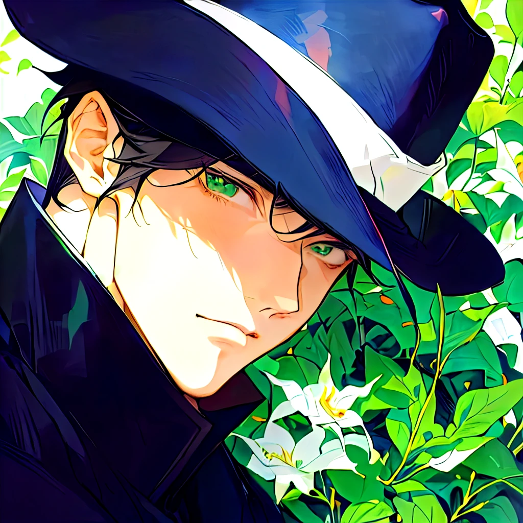 painting of a man in a hat and a black coat, by Yamagata Hiro, kentaro miura art, edward, makoto kobayashi, anime portrait of a handsome man, naoya tanaka, inspired by Sakai Hōitsu, masami kurumada, anime handsome man, by Tanaka Isson, michael, by Yoshihiko Wada