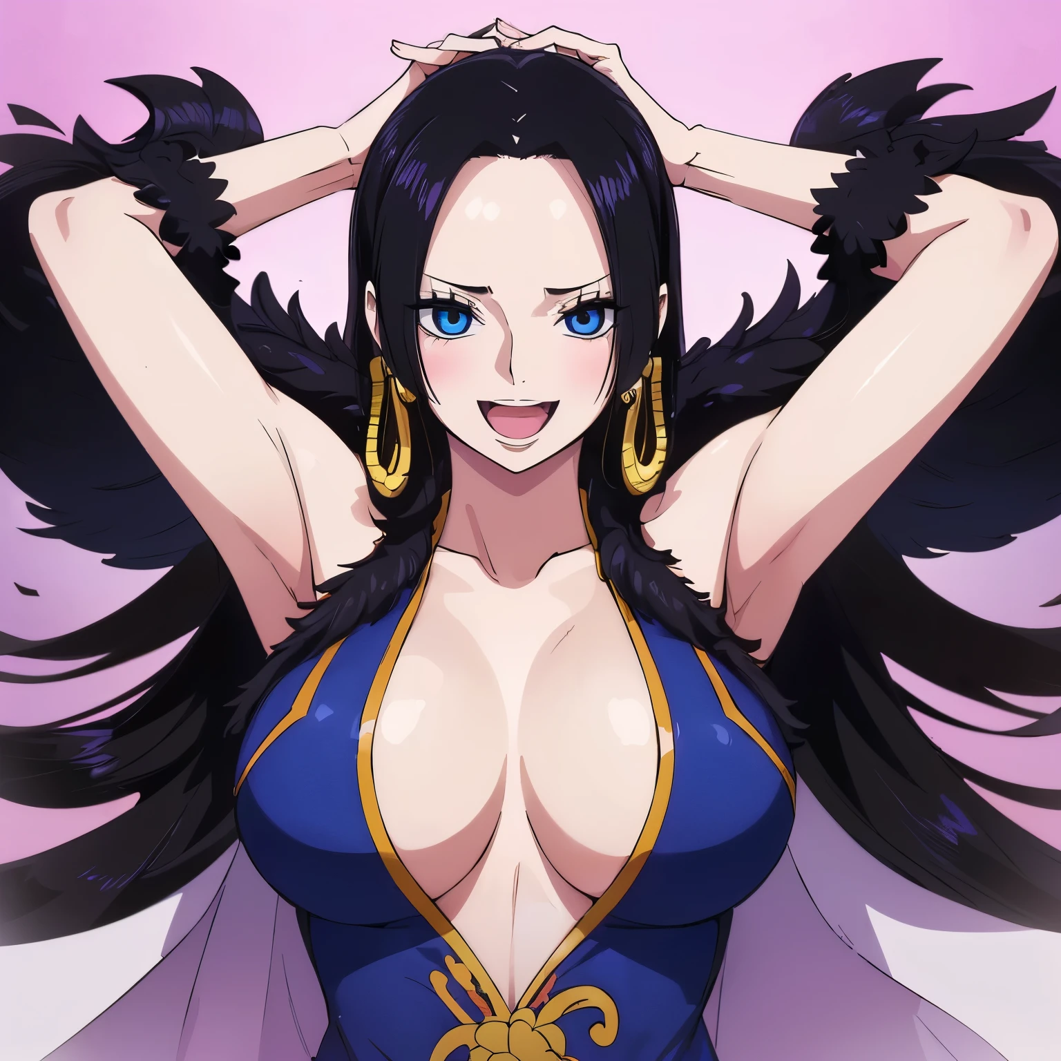 ((Put your arms behind your head)),side,side汗,(masterpiece), (Highest quality), (Ultra-detailed), Boa Hancock, (1 person), (Black fur, wide: 1.3), Beautiful Skin, Absurd, Charm, 超High resolution, High resolution, (Sexually excited:1.5), Pinkish white skin, {Inside the room|Exterior|Simple Background} ,(blue eyes),