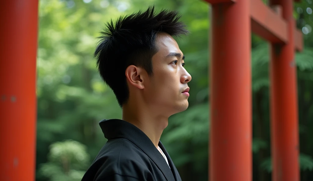 A young Japanese man wearing a black kimono is looking into the distance in front of a red torii gate,Excited, Photo of your face, For work, With lush natural scenery as a background, with a natural look, With a slightly tired look, tilt your face a little, Diagonal orientation, Average face