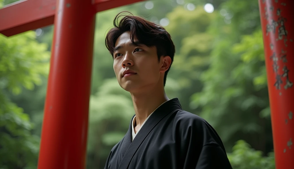 A young Japanese man wearing a black kimono is looking into the distance in front of a red torii gate,Excited, Photo of your face, For work, With lush natural scenery as a background, with a natural look, With a slightly tired look, tilt your face a little, Diagonal orientation, Average face