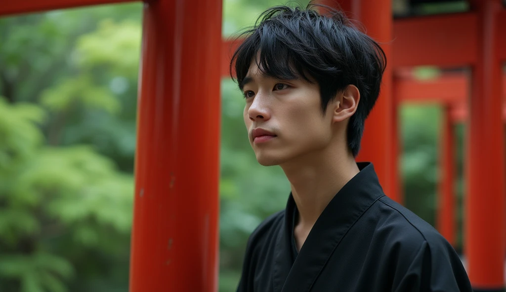 A young Japanese man wearing a black kimono is looking into the distance in front of a red torii gate,Excited, Photo of your face, For work, With lush natural scenery as a background, with a natural look, With a slightly tired look, tilt your face a little, Diagonal orientation, Average face