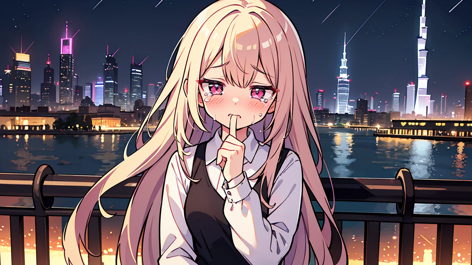 (masterpiece, best quality),1 woman,letterboxed, perfection of fashion,Cry out loud,Hazy, suit,upper body, side,park bench with lake,Sitting on a chair and crying,The sadness of heartbreak,Shedding tears,Night view of Dubai Tower, Neon signs are full of hair and crying
