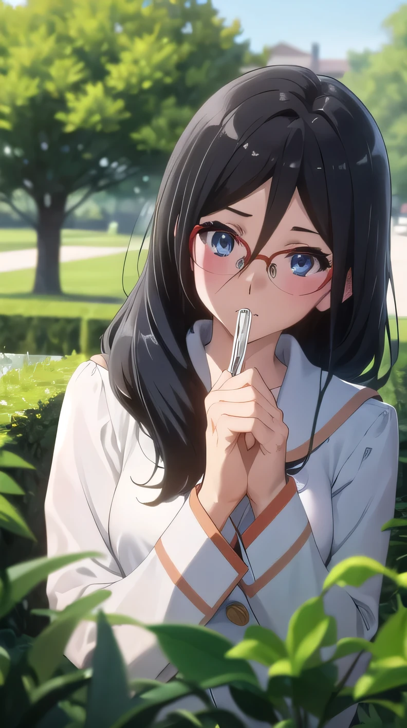 best quality, Masterpiece, highres, alone, {Thanaka_Asuka_euphonium sound:1.15} (garden:1.3), , black_hair, long_hair, glasses, light blue_eyes, Blush, red frame_glasses, Seraph, beyond the edge_glasses, semi borderless_glasses, hair_between_eyes, 1 woman, Kitauchi_high_school_uniform,   turn sideways, 