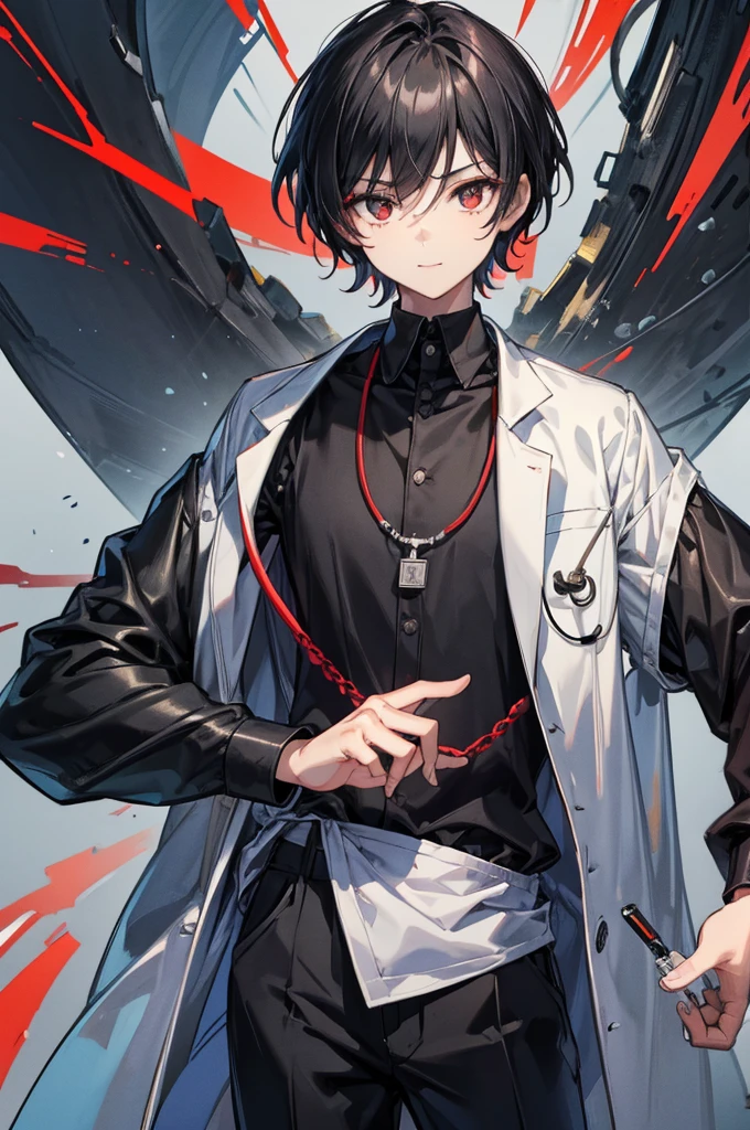 Highest quality, 16K, masterpiece :1.3 Ultra-high resolution No abnormalities in detail Detailed face Male neutral cool Small stature Black hair that reaches down to the eyes Black and red odd eyes Detailed Eyes Wearing a doctor's lab coat Black shirt A red jewel necklace around the neck Looking at me A relaxed smile Detailed face No background Burning sleeves of a white coat Soft Eyes Cool vibe Black trousers Tree Eyes Occupation: Doctor whole body low length