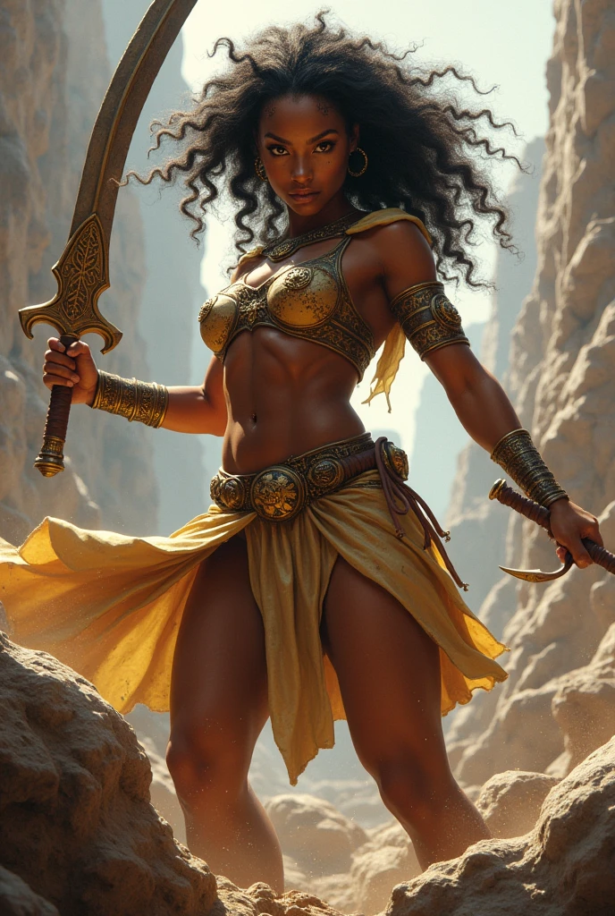 Sexy strong black woman standing on top of a giant man machine