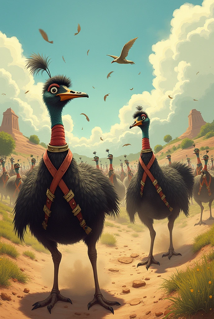 An exaggerated, whimsical depiction of the great emu war, featuring emusin military uniforms and soldiers in chaotic battle with these birds.

