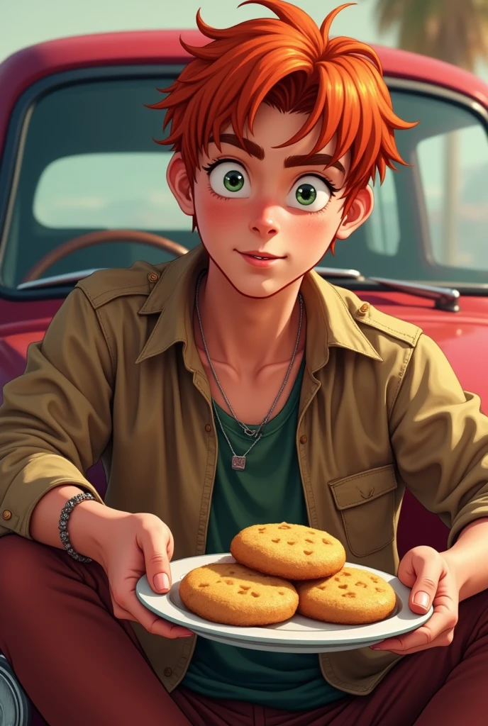 redheaded teenage male with hair to one side, car fanatic, with Tuareg cookies in hand